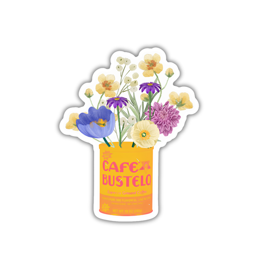 Sticker of flowers in a Cafe Bustelo coffee can on a white background