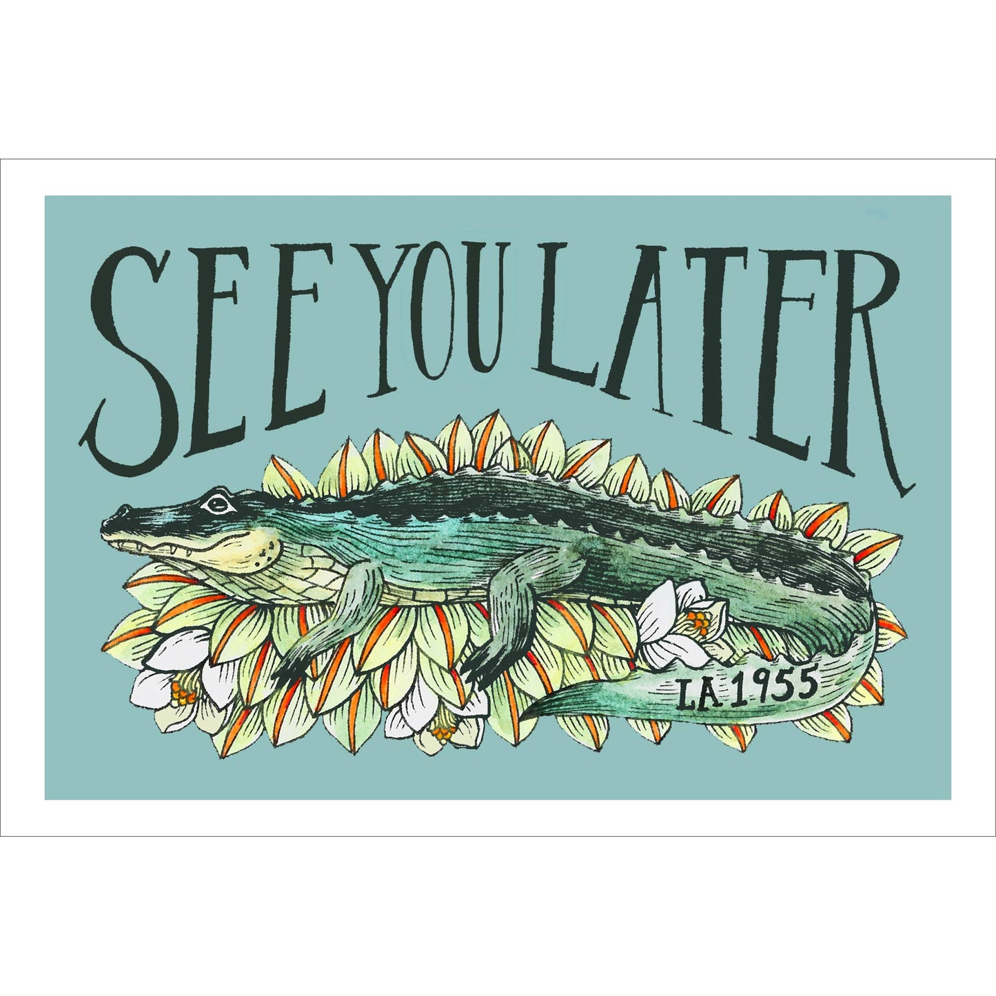 Illustration of an alligator on sunflowers with 'See You Later' text on a light blue background