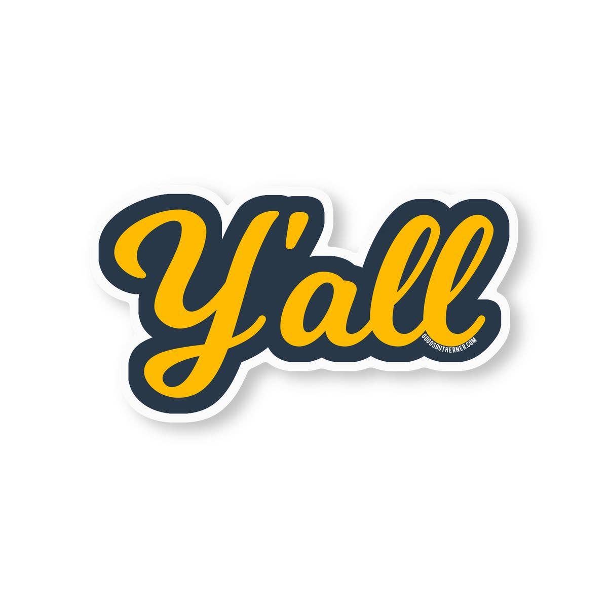 Sticker with 'Y'all' text in yellow and blue on a white background