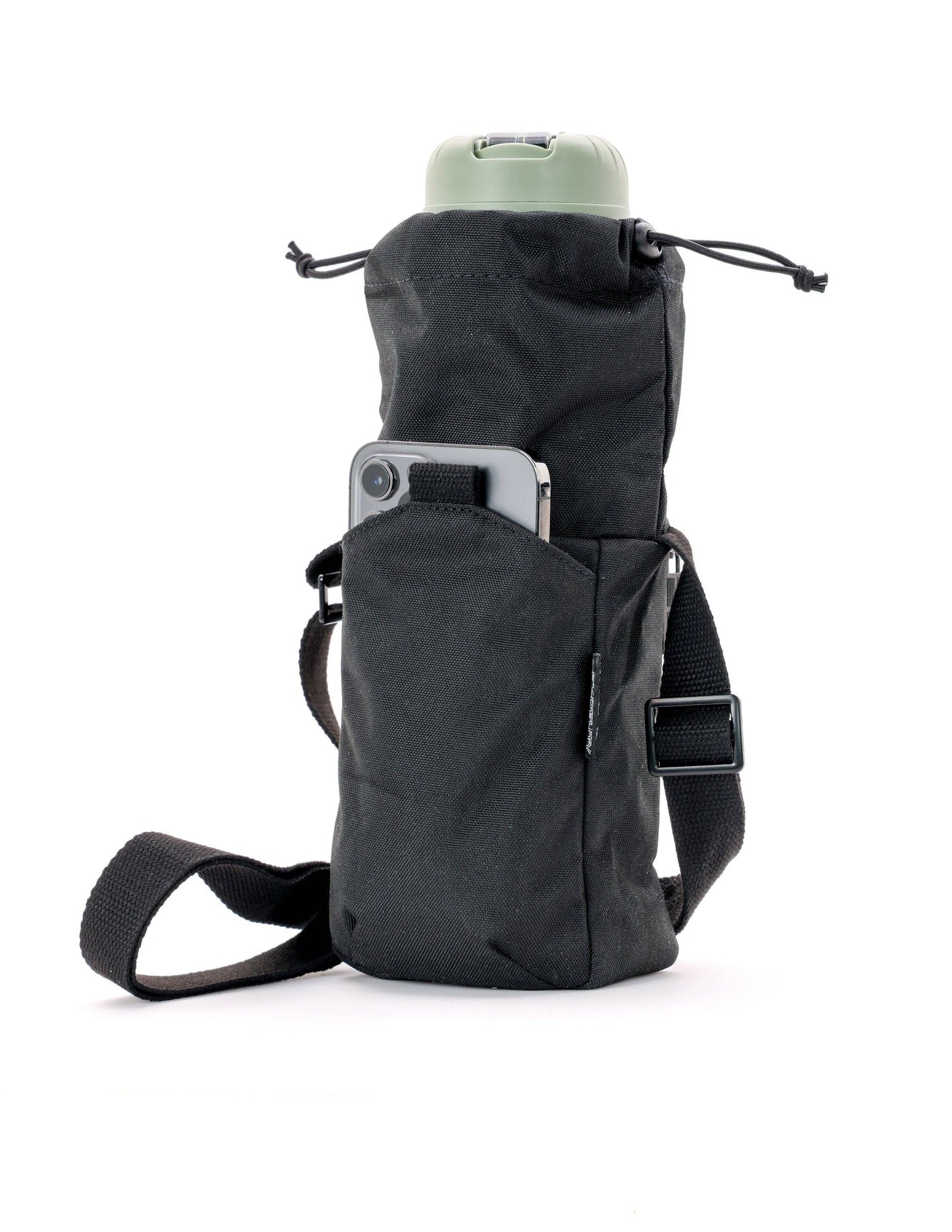 Black tactical pouch with a water bottle and phone on a white background
