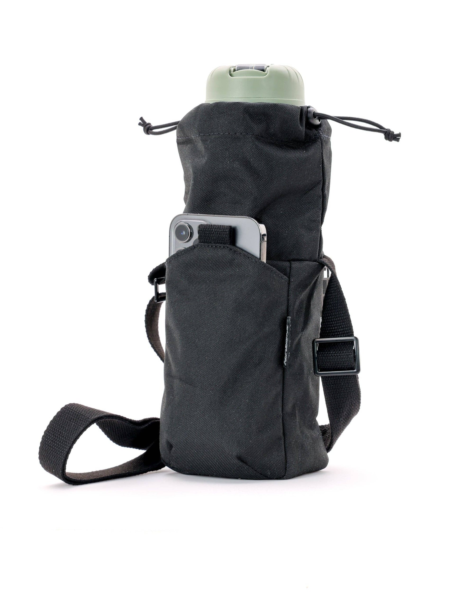 Black tactical pouch with a water bottle and phone on a white background