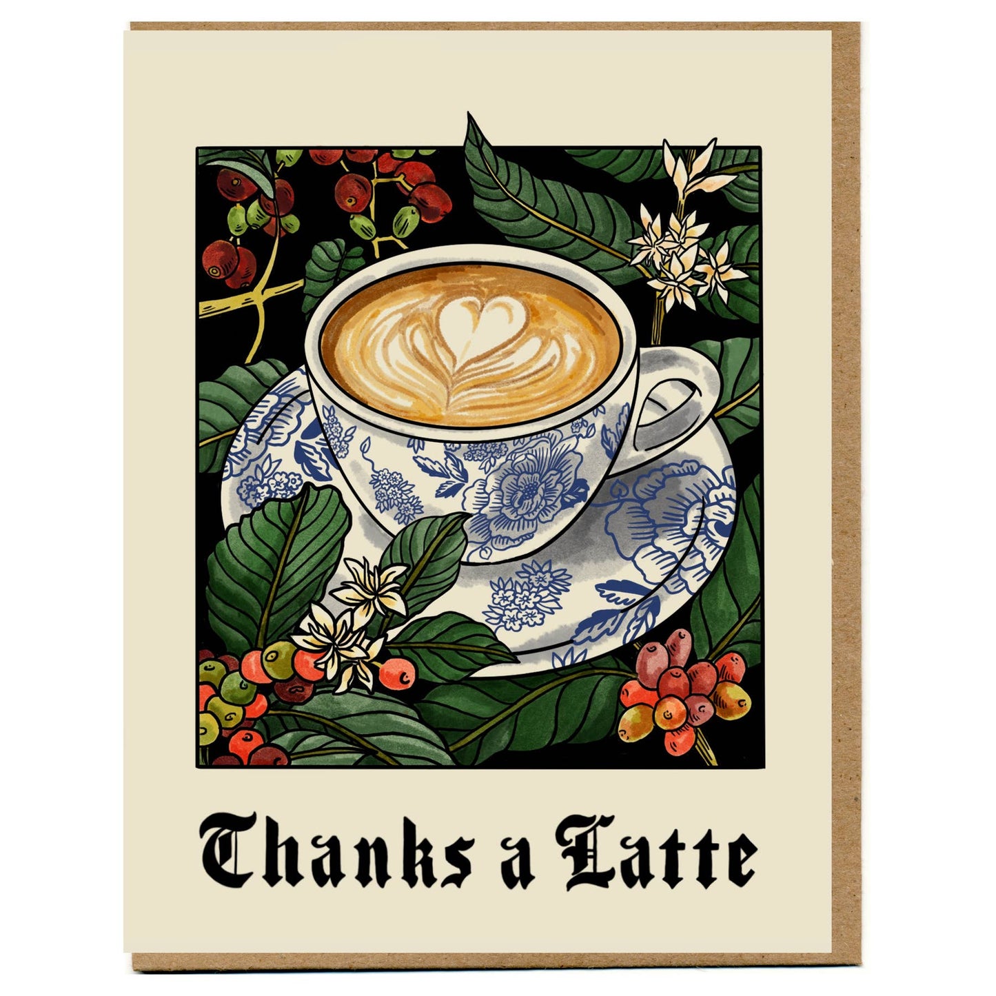 Greeting card with a coffee cup illustration and 'Thanks a Latte' text on a beige background.