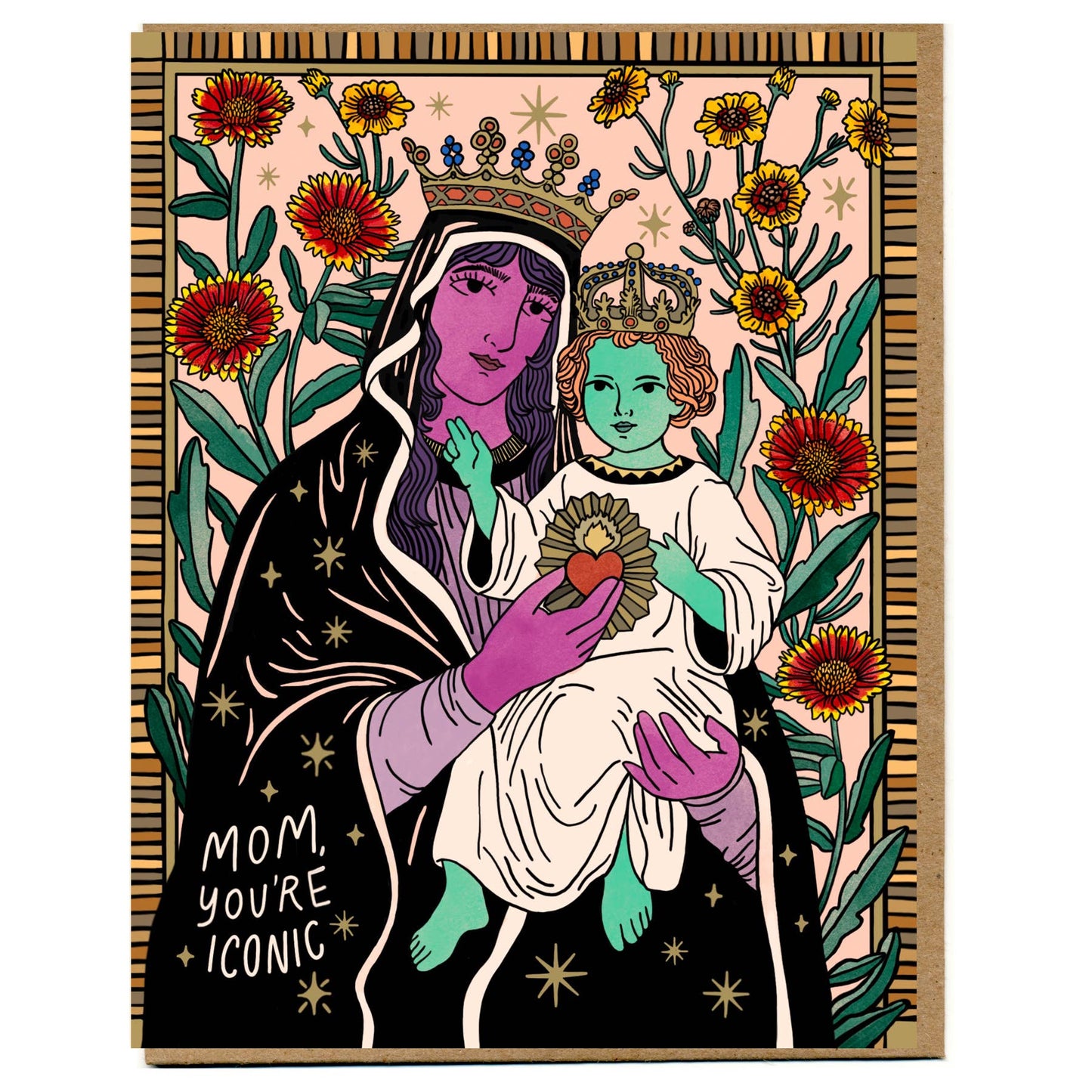 Illustration of a woman holding a child with flowers and text 'Mom, you're iconic' on a black background.