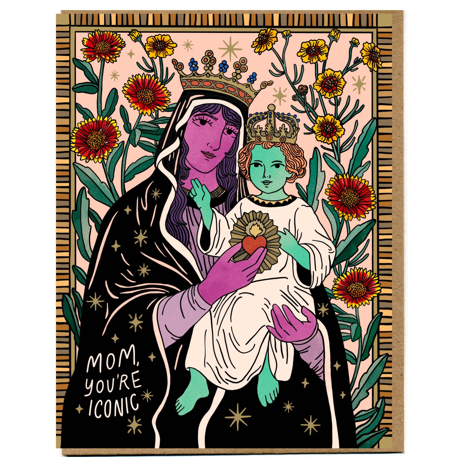 Illustration of a woman holding a child with flowers and text 'Mom, you're iconic' on a black background.