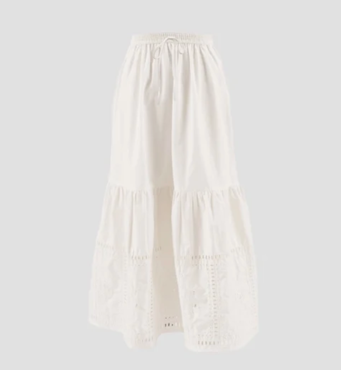 Eyelet Detail Elastic Waist Midi Skirt -White