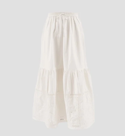 Eyelet Detail Elastic Waist Midi Skirt -White