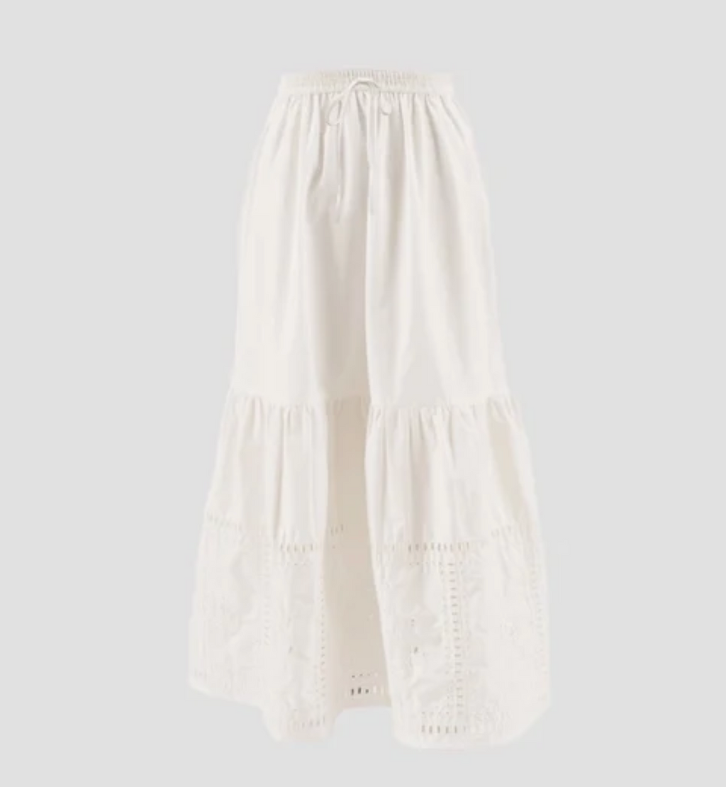 Eyelet Detail Elastic Waist Midi Skirt -White