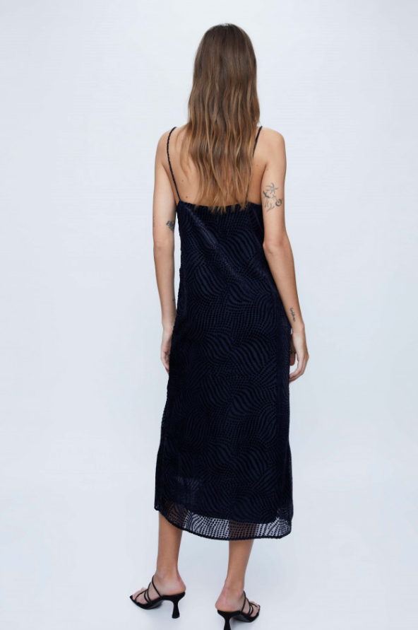 Devoré Velvet Midi Slip Dress - Navy Blue