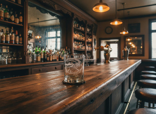 Clear glass tumbler with alligator engraving on a wooden surface with decorative items.