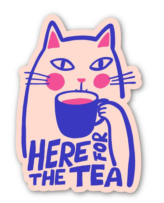 Sticker of a cat holding a tea cup with 'Here for the Tea' text on a light pink background