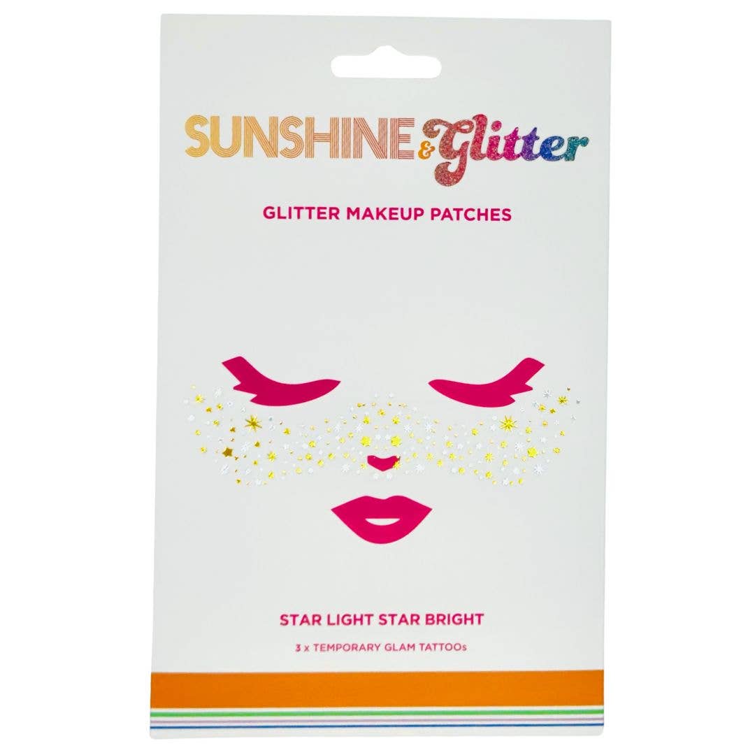 Packaging of Sunshine & Glitter glitter makeup patches with a face design and colorful text.