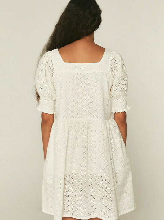 Puff Sleeve Eyelet Mini Dress - White