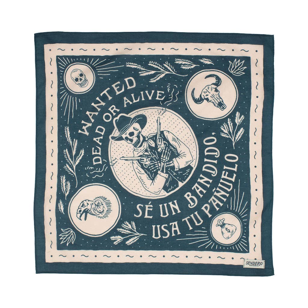 Navy blue bandana with white graphic design featuring a cowboy and text on a white background