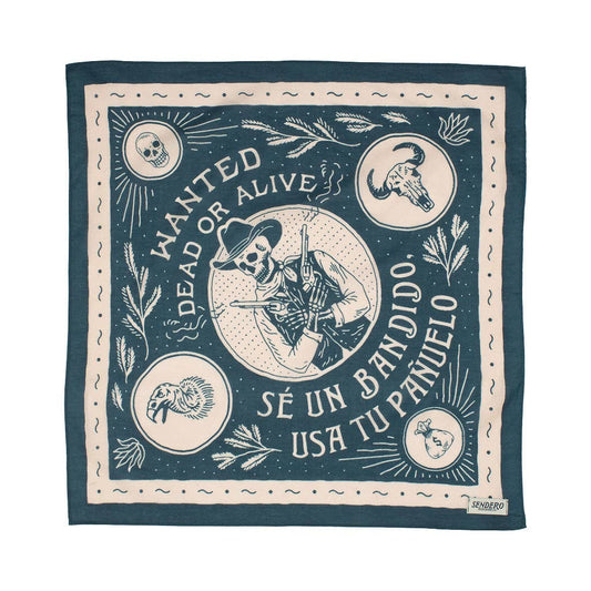 Navy blue bandana with white graphic design featuring a cowboy and text on a white background