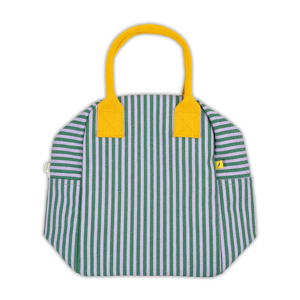 Green and white striped bag with yellow handles on a white background