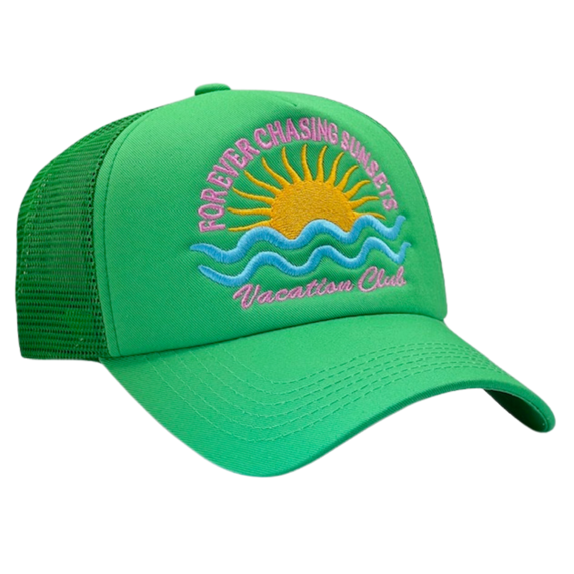 Green cap with embroidered design on a white background
