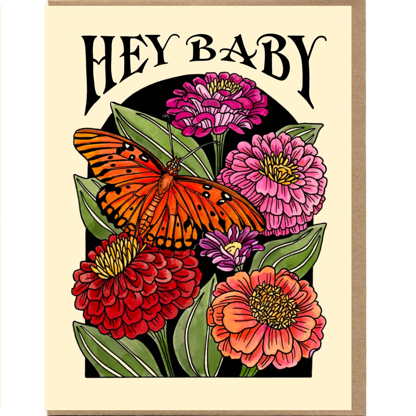 Card with flowers and butterfly design and 'HEY BABY' text.