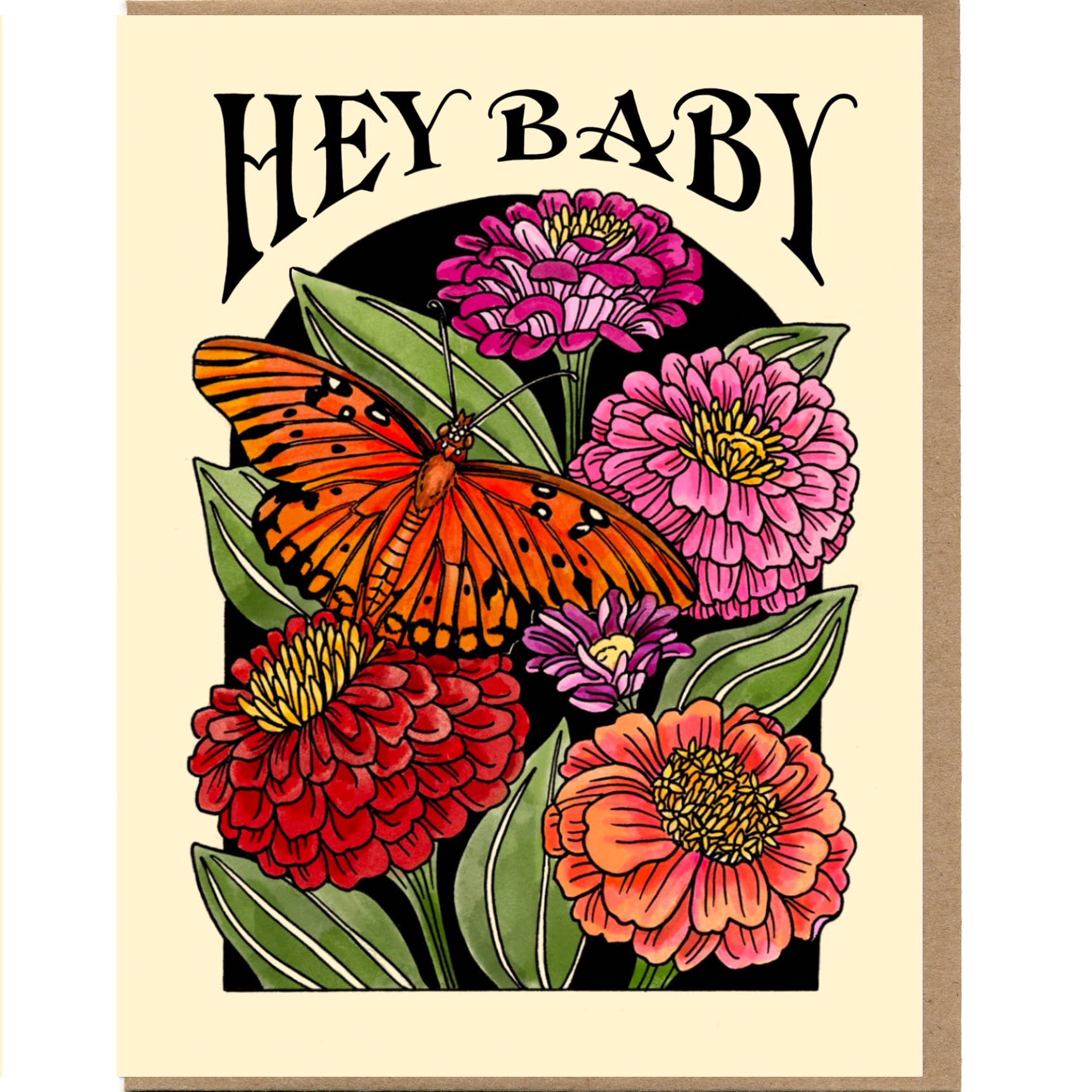 Card with flowers and butterfly design and 'HEY BABY' text.