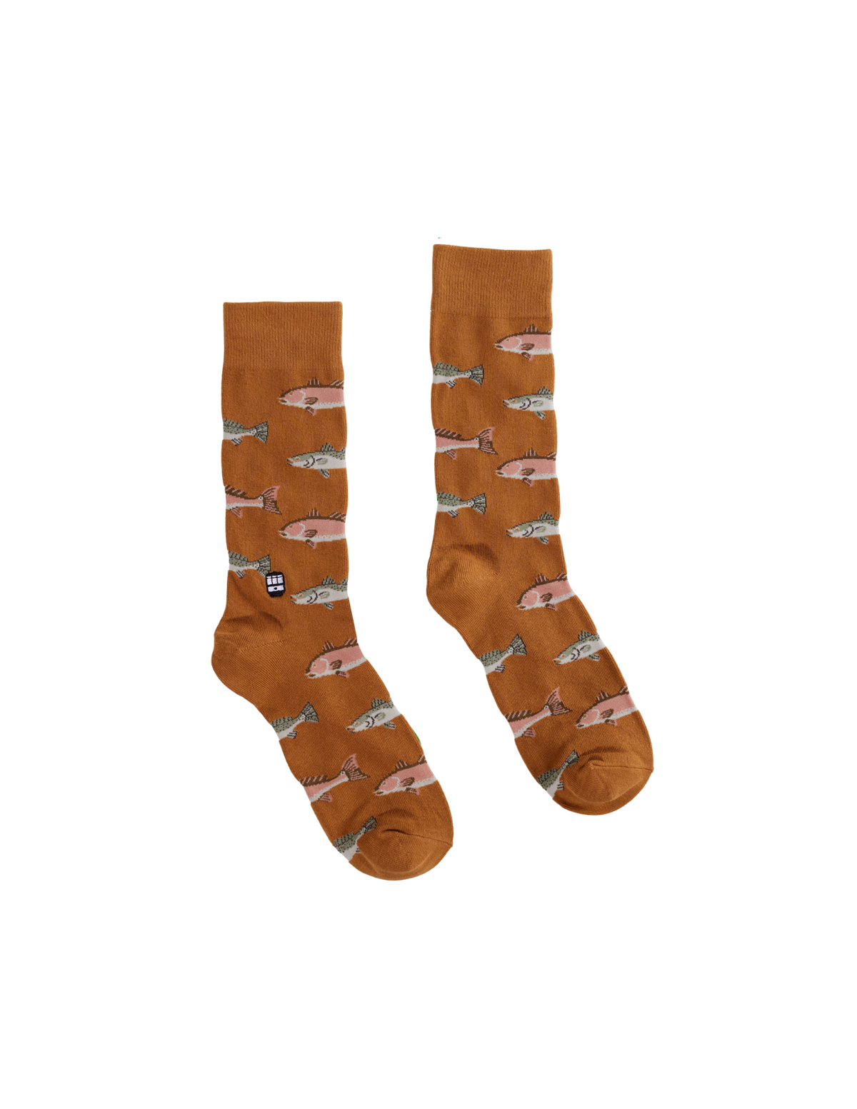 A pair of brown crew socks with an all-over pattern of pink and gray fish, displayed against a solid white background.