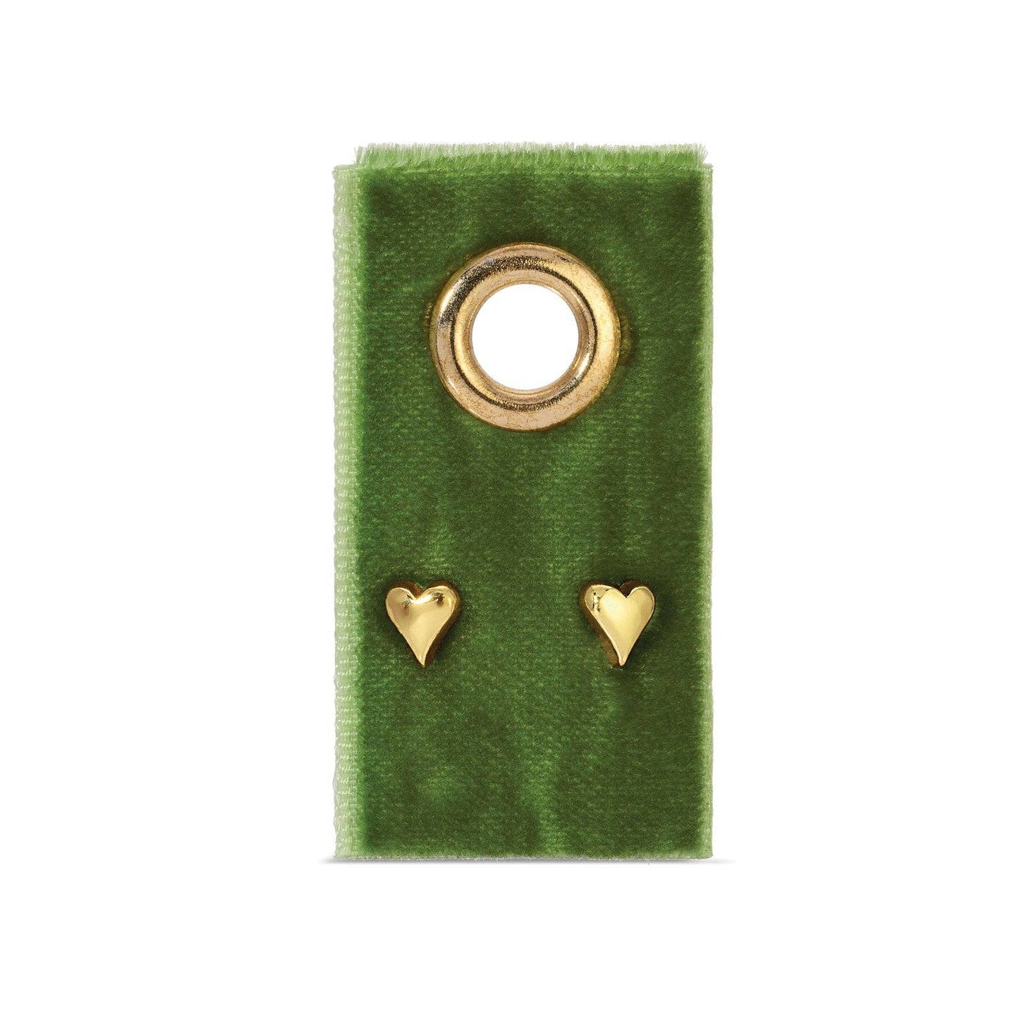 Gold heart-shaped earrings on a green velvet stand with a white background