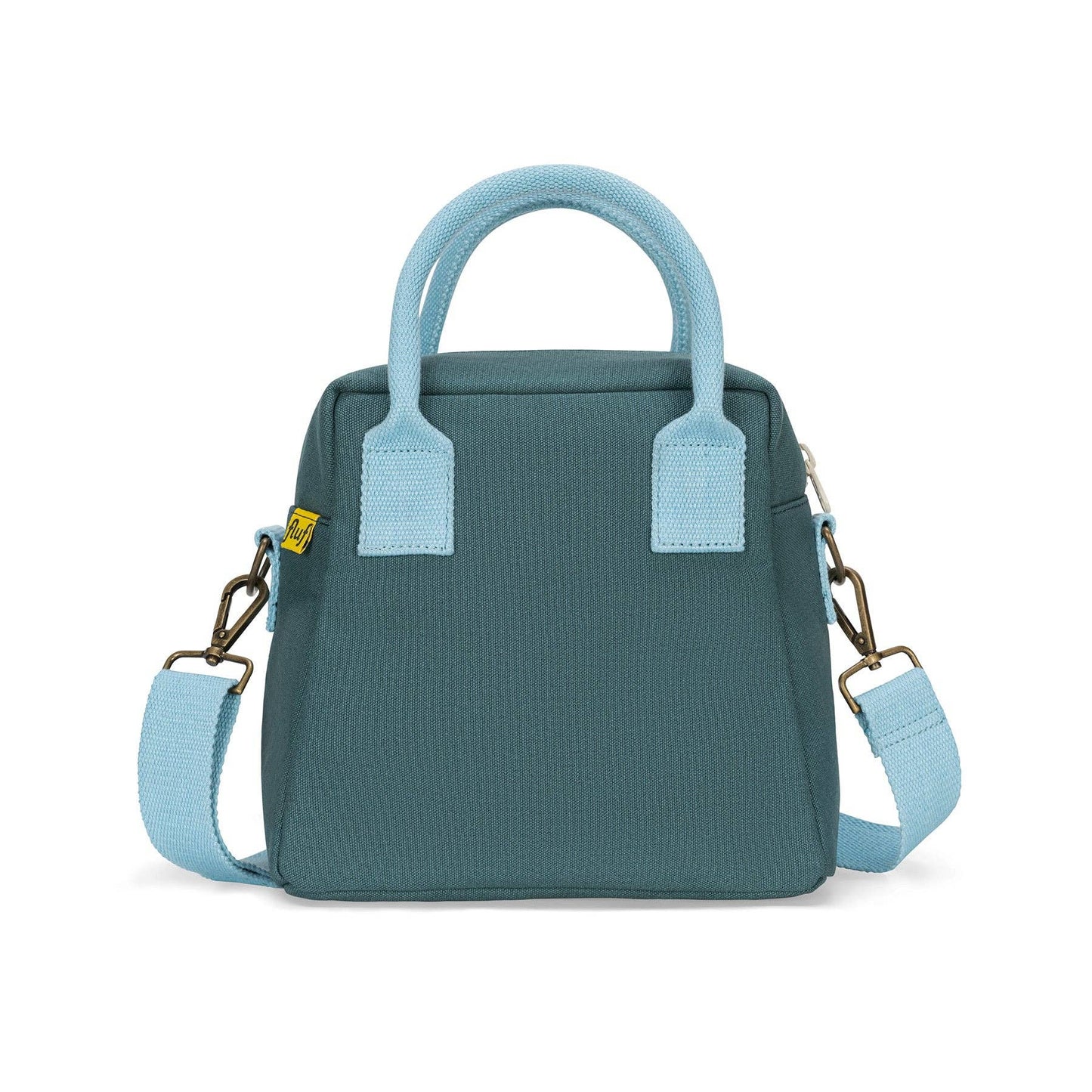 A small structured handbag in dark teal with light blue handles, trim, and detachable shoulder strap, plus gold-tone hardware, shown on a clean white background.