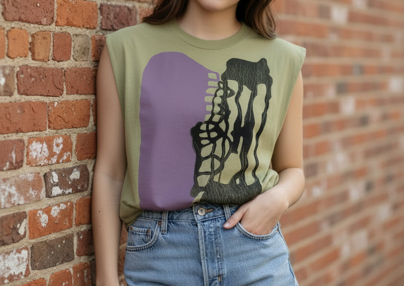 Green sleeveless shirt with purple and black design on a white background