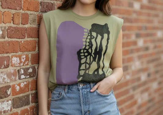 Green sleeveless shirt with purple and black design on a white background