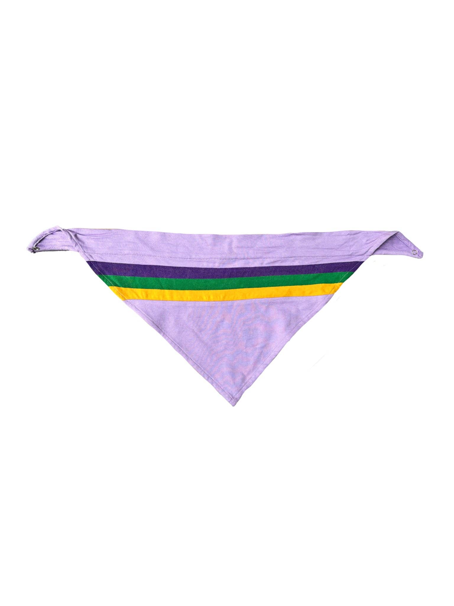 Purple triangle bandana with rainbow stripes on a white background