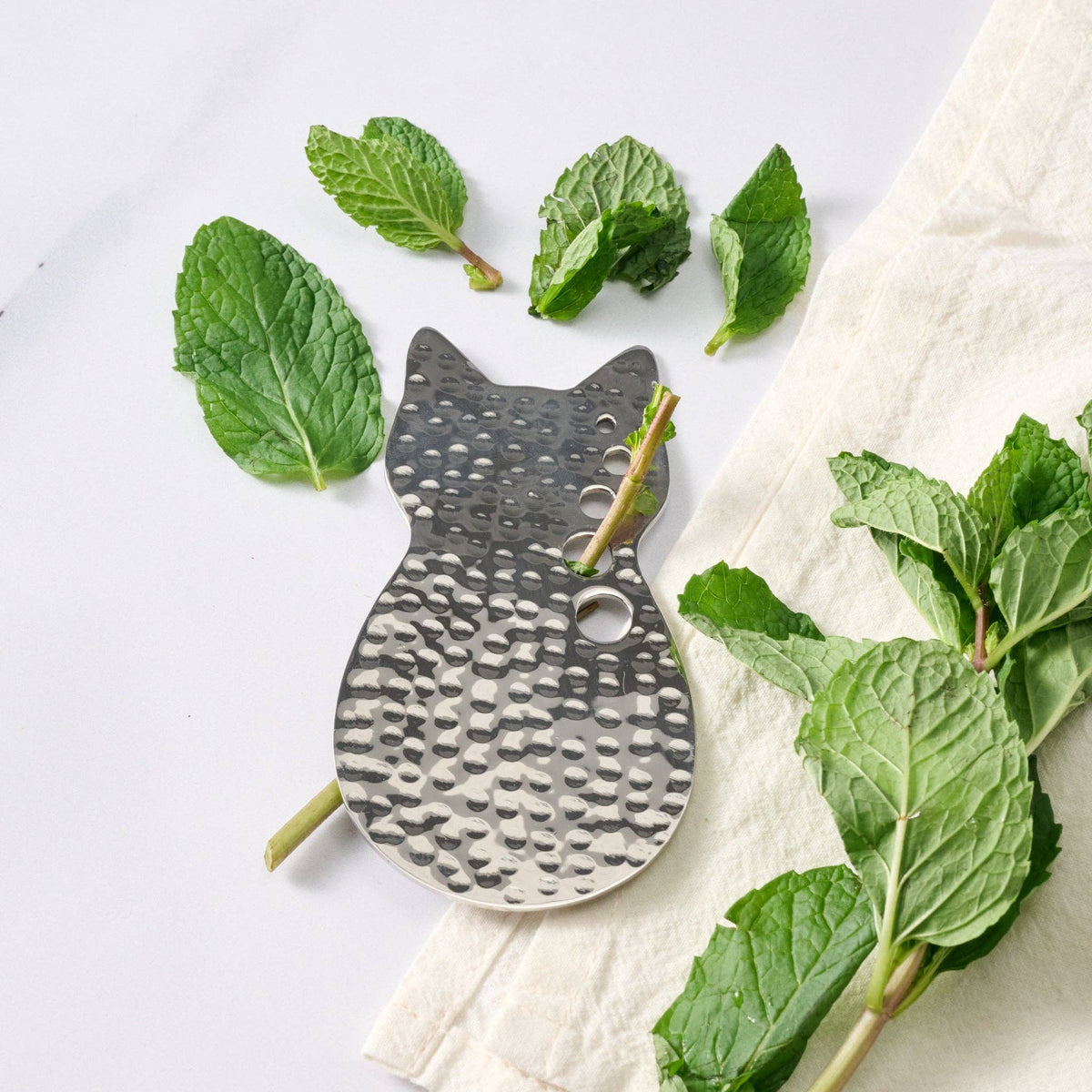 Cat-shaped metal tray with mint leaves on a white background