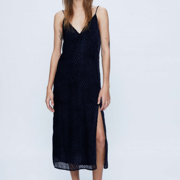 Devoré Velvet Midi Slip Dress - Navy Blue