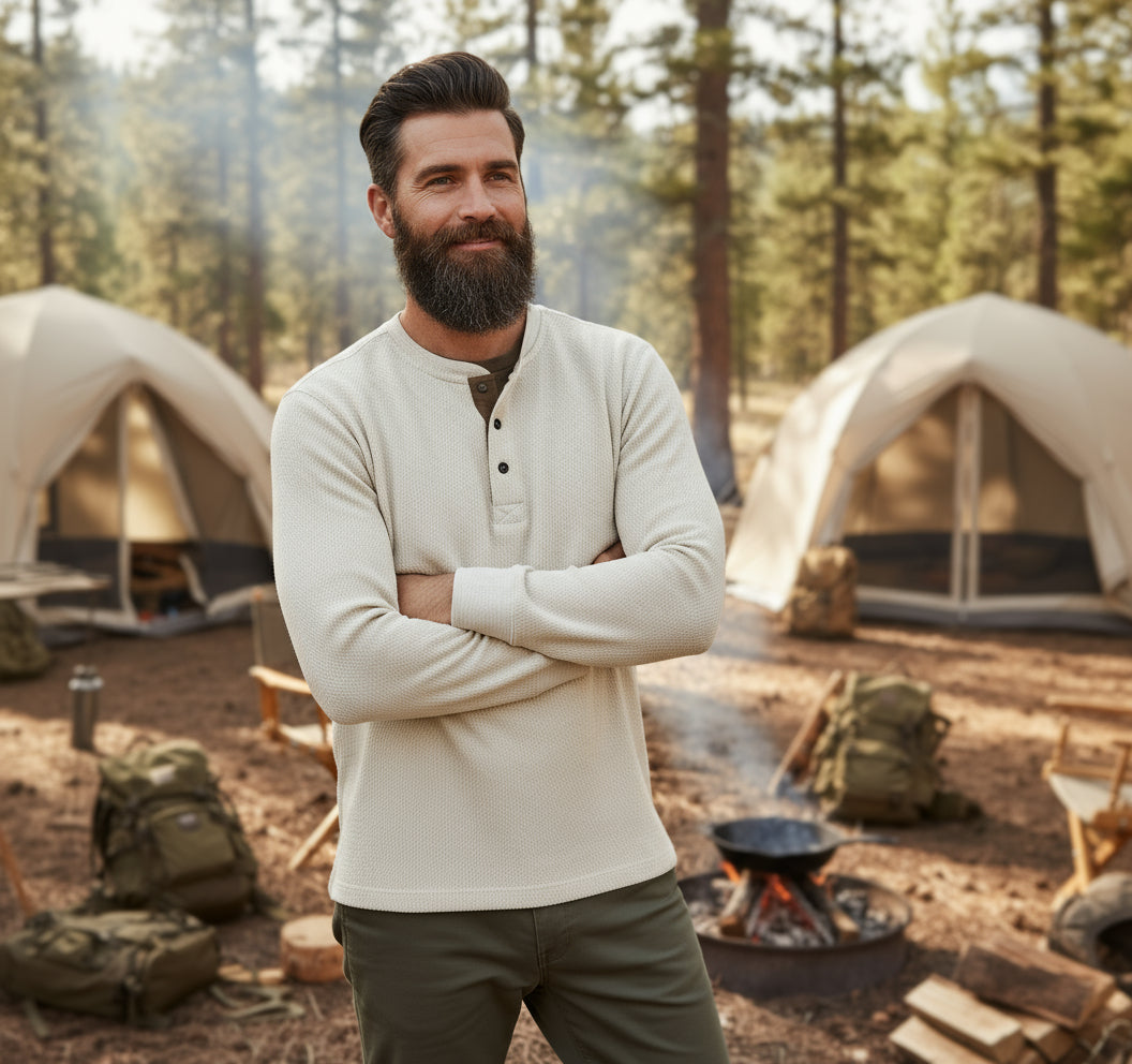 Beige long-sleeve henley shirt on a white background