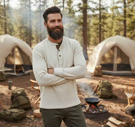 Beige long-sleeve henley shirt on a white background