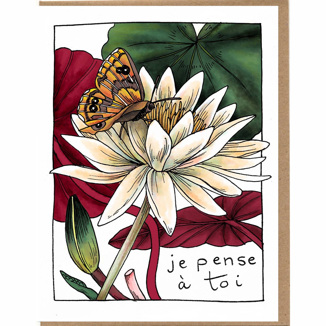 Card with a butterfly on a flower and the text 'je pense à toi' on a white background.