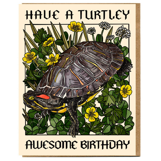 Birthday card with a turtle illustration and floral elements on a beige background