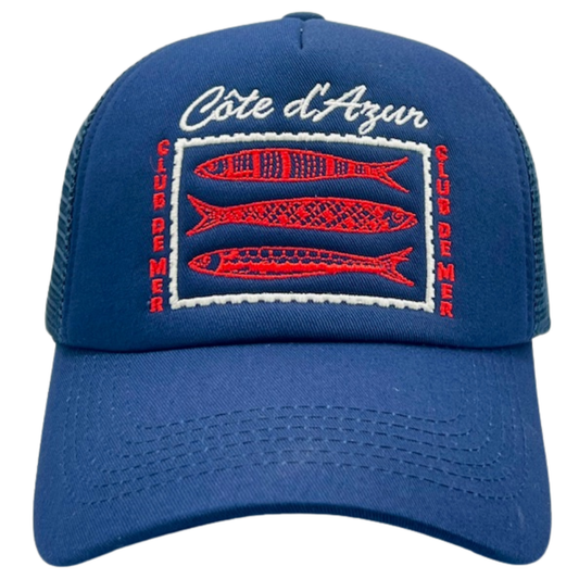 Blue cap with red fish design and white text on a white background
