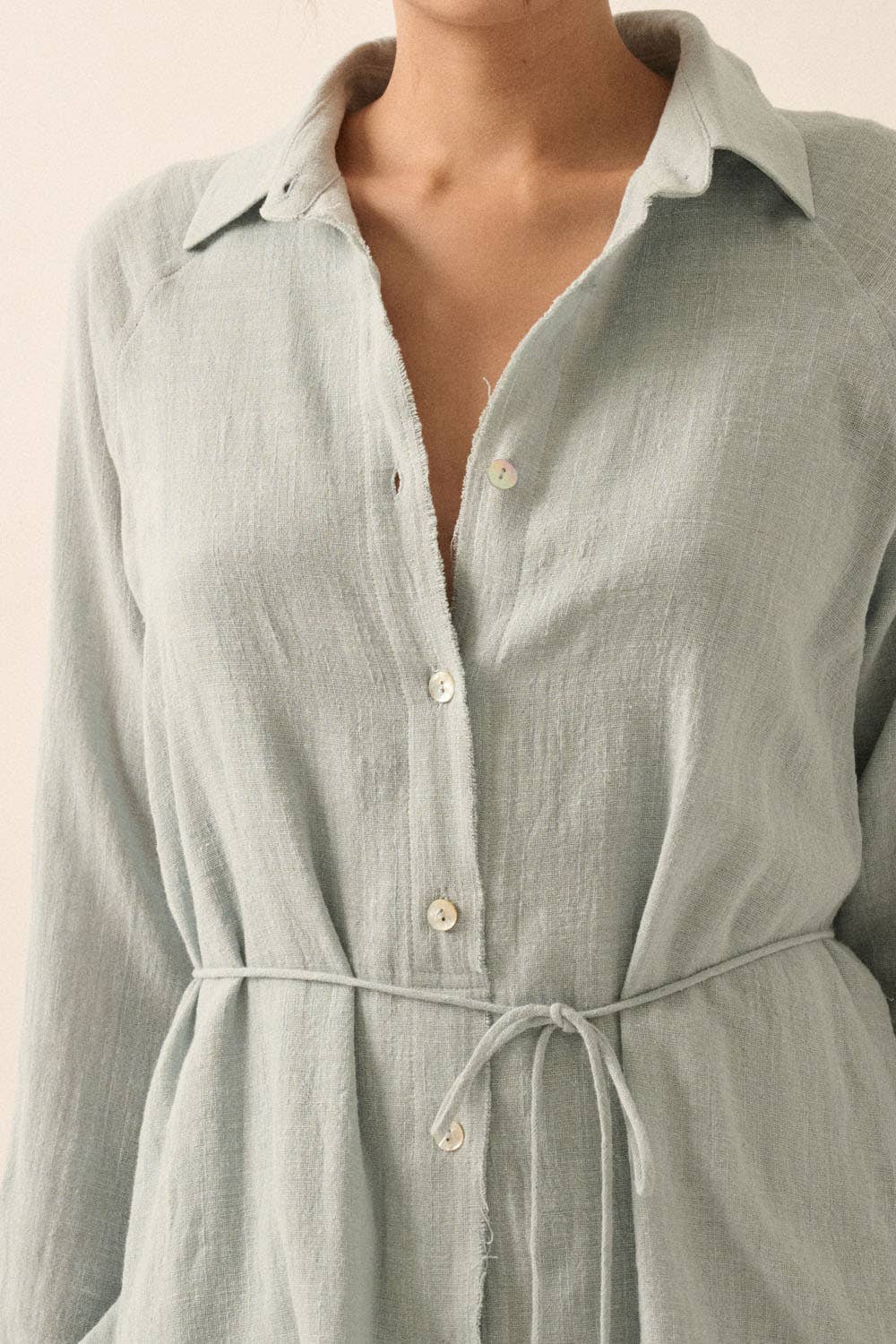 Light green button-up dress with a belt on a neutral background