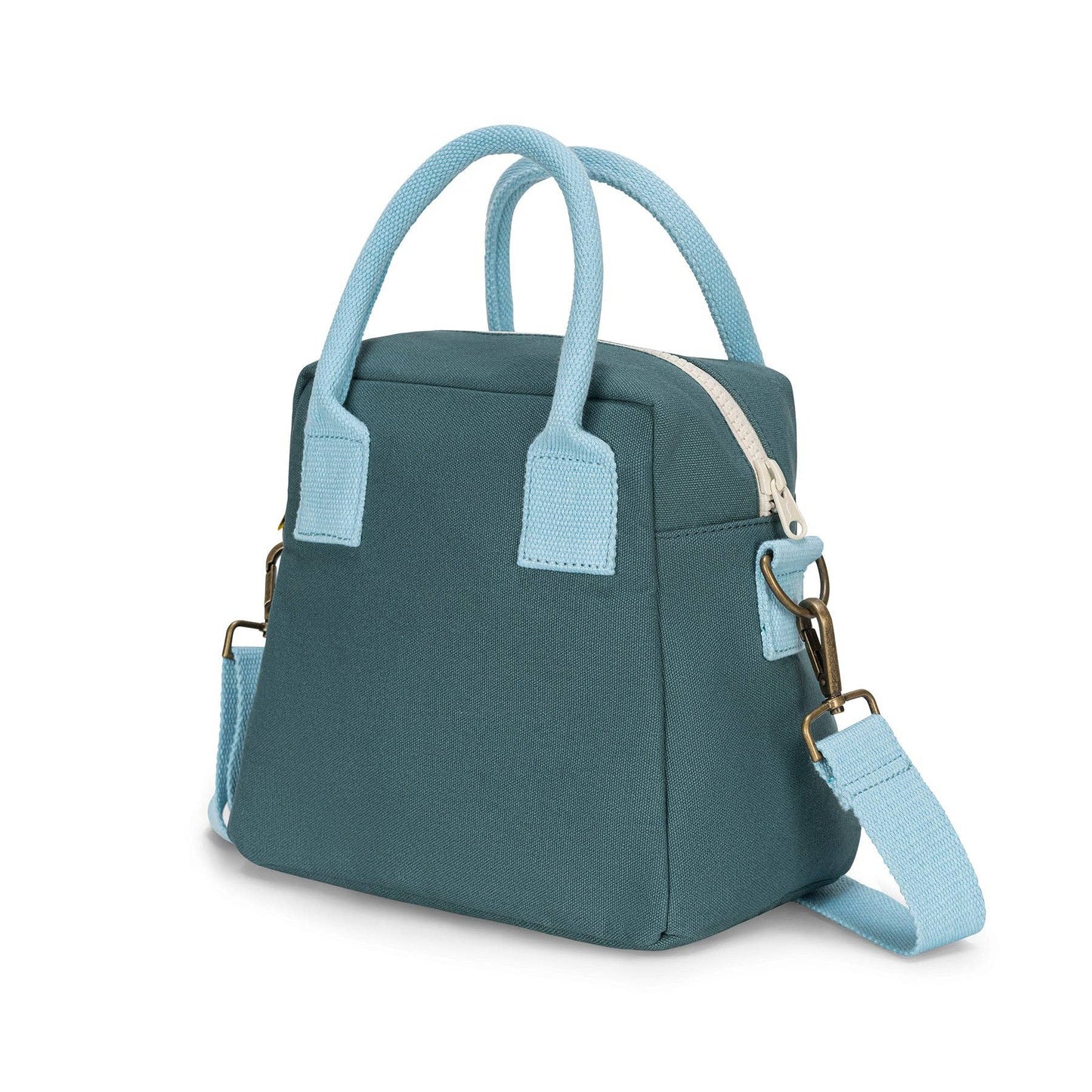 Teal handbag with light blue handles and strap on a white background