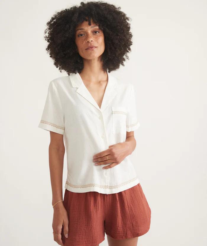 Lucy Short Sleeve Resort Shirt - Embroidered Natural