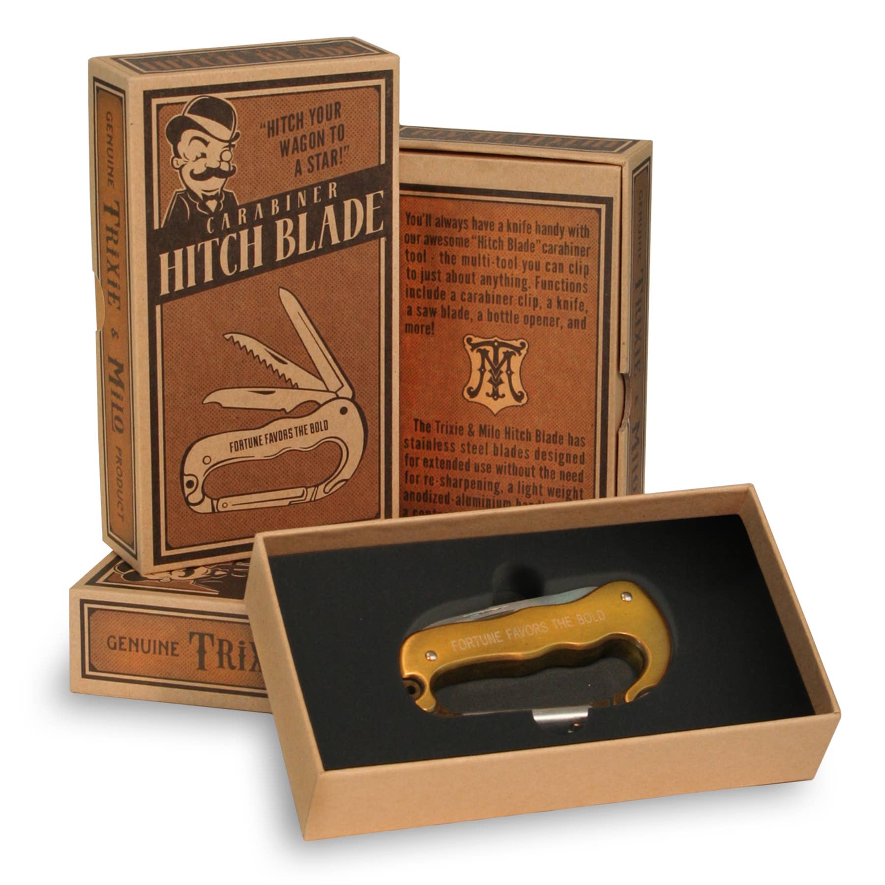 Cabinarer Hitch Blade packaging with gold tool inside a box on a white background