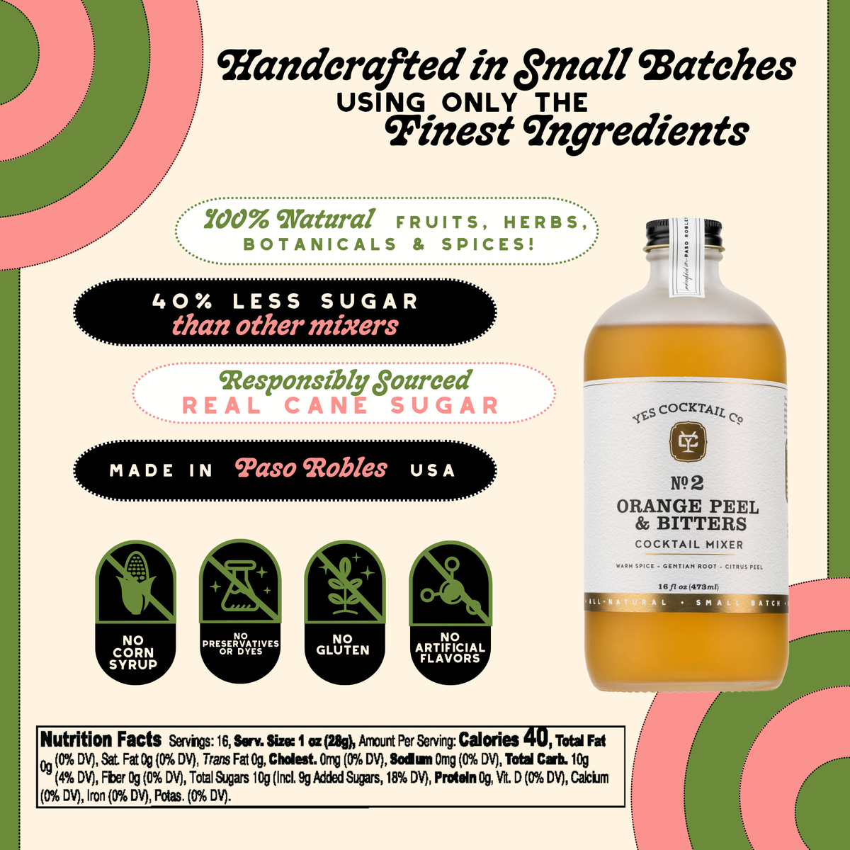 Cocktail mixer bottle with label and promotional text about ingredients and sourcing.