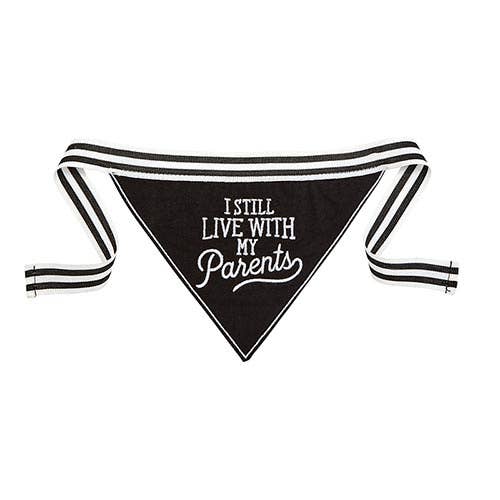 Black with white text and striped straps on a white background