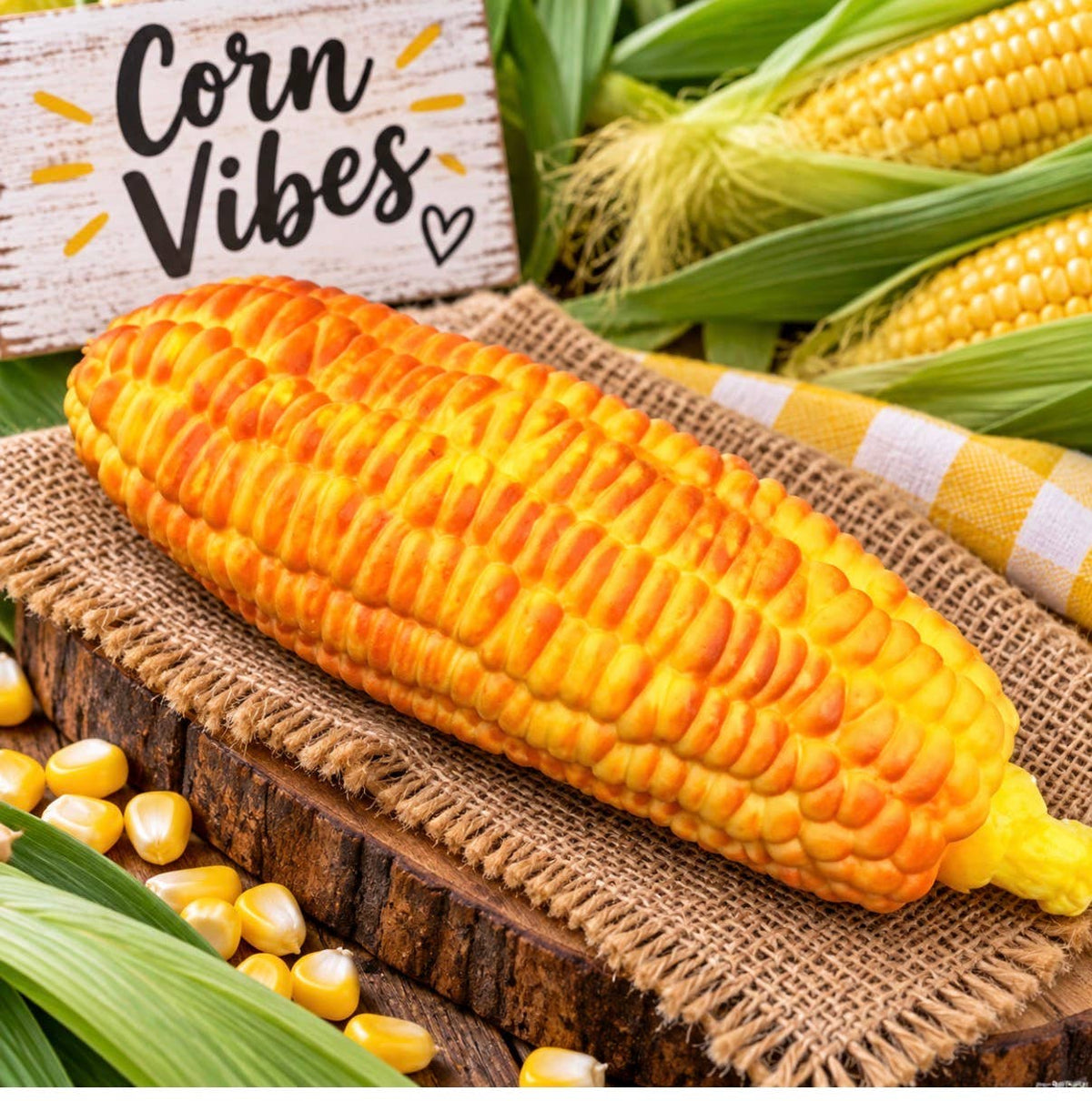 A bright yellow-orange ear of corn placed on burlap over a wooden board, with additional corn kernels, green corn leaves, a yellow-and-white check cloth, and a rustic sign reading 'Corn Vibes' in the background.
