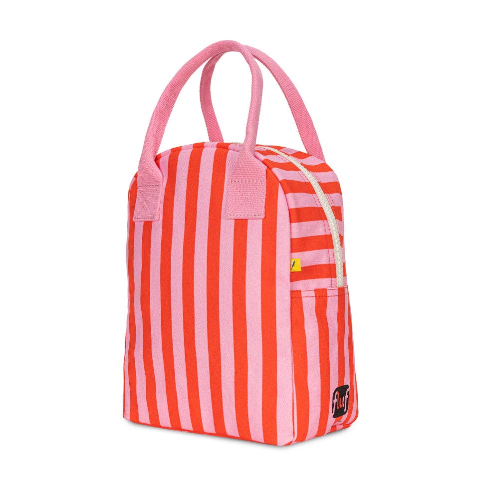 Red and pink striped bag with a visible brand logo on a white background