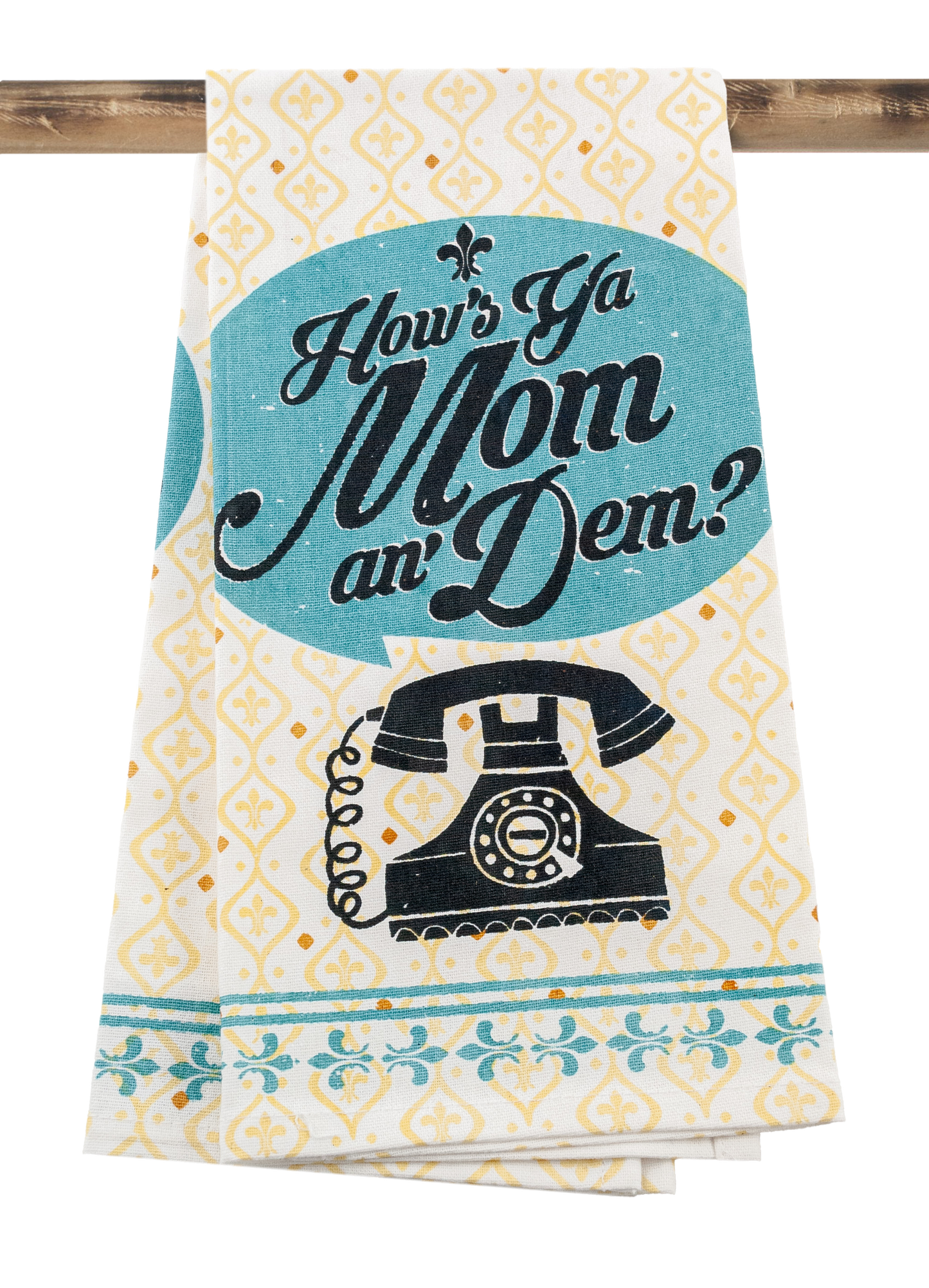 Tea towel with vintage phone design and text 'How's a Mom an' Dem?' on a white background