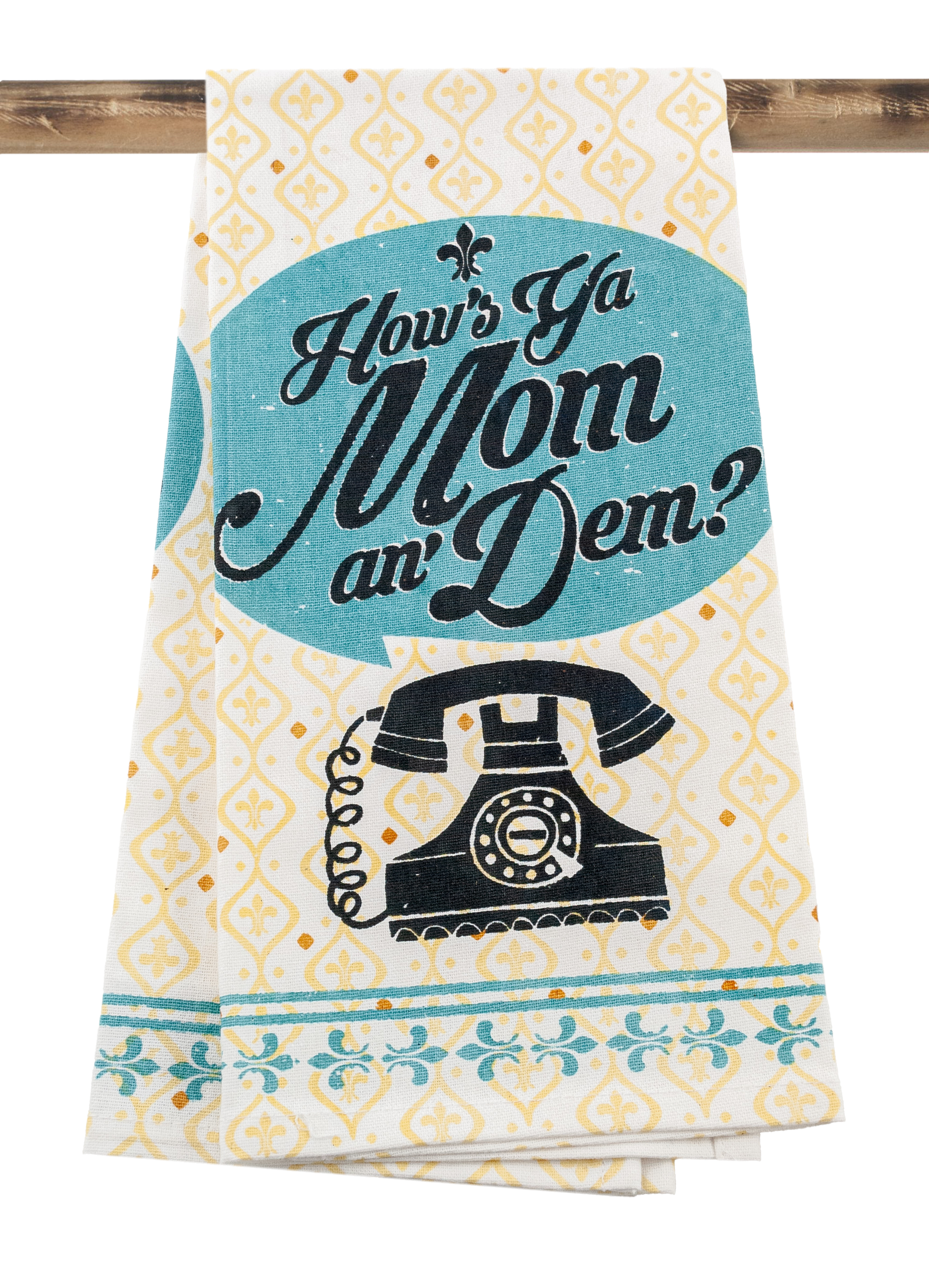 Tea towel with vintage phone design and text 'How's a Mom an' Dem?' on a white background