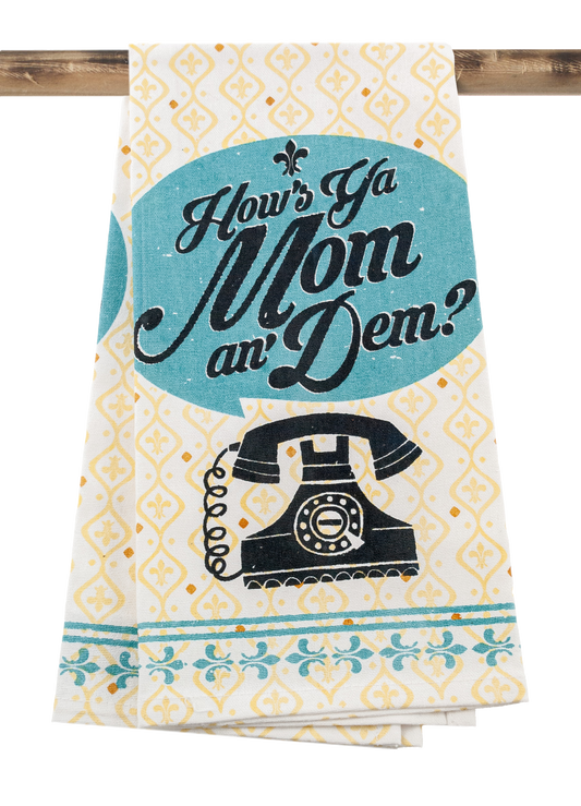 Tea towel with vintage phone design and text 'How's a Mom an' Dem?' on a white background