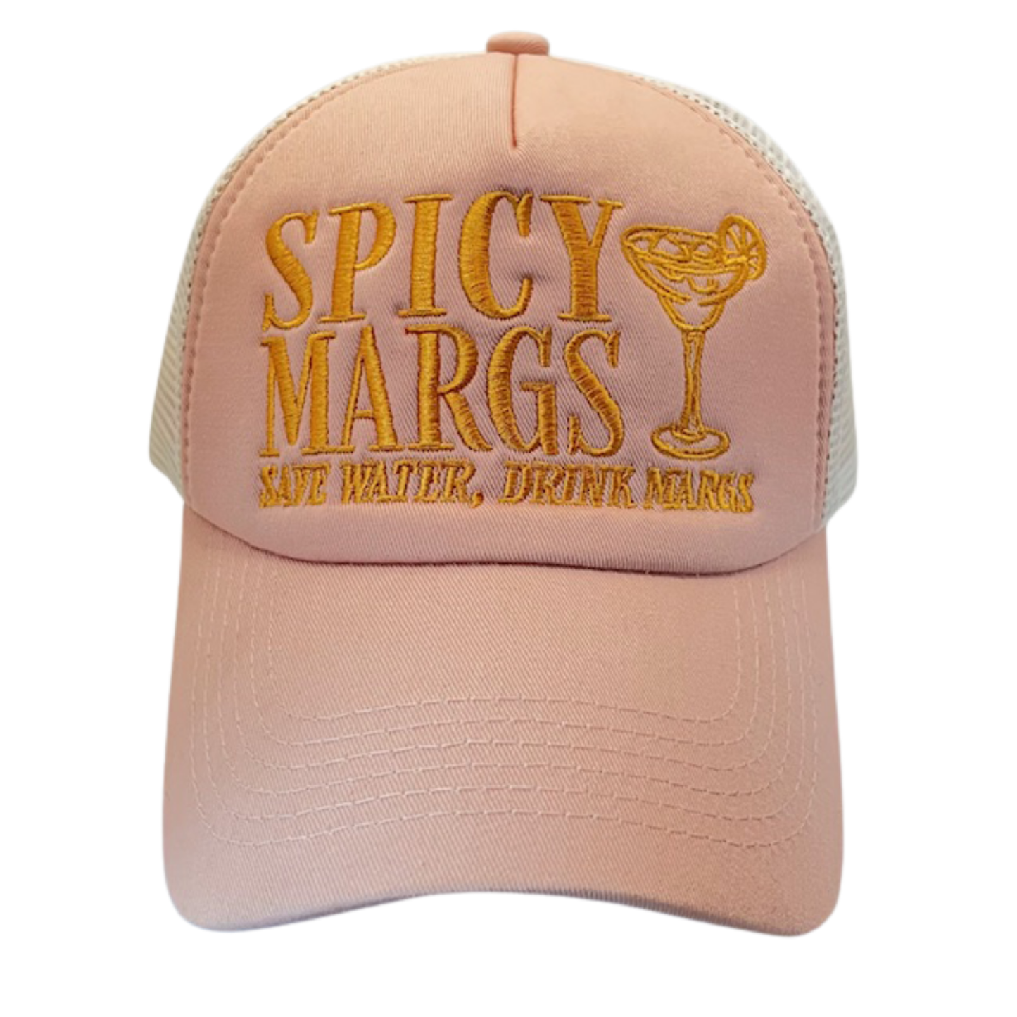 Pink cap with 'Spicy Margs' text and cocktail graphic on a white background