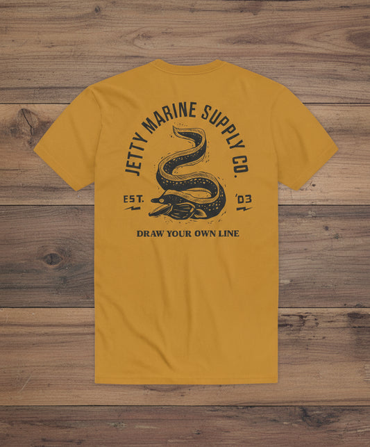 Mustard yellow t-shirt with a snake graphic and text on the back, on a white background