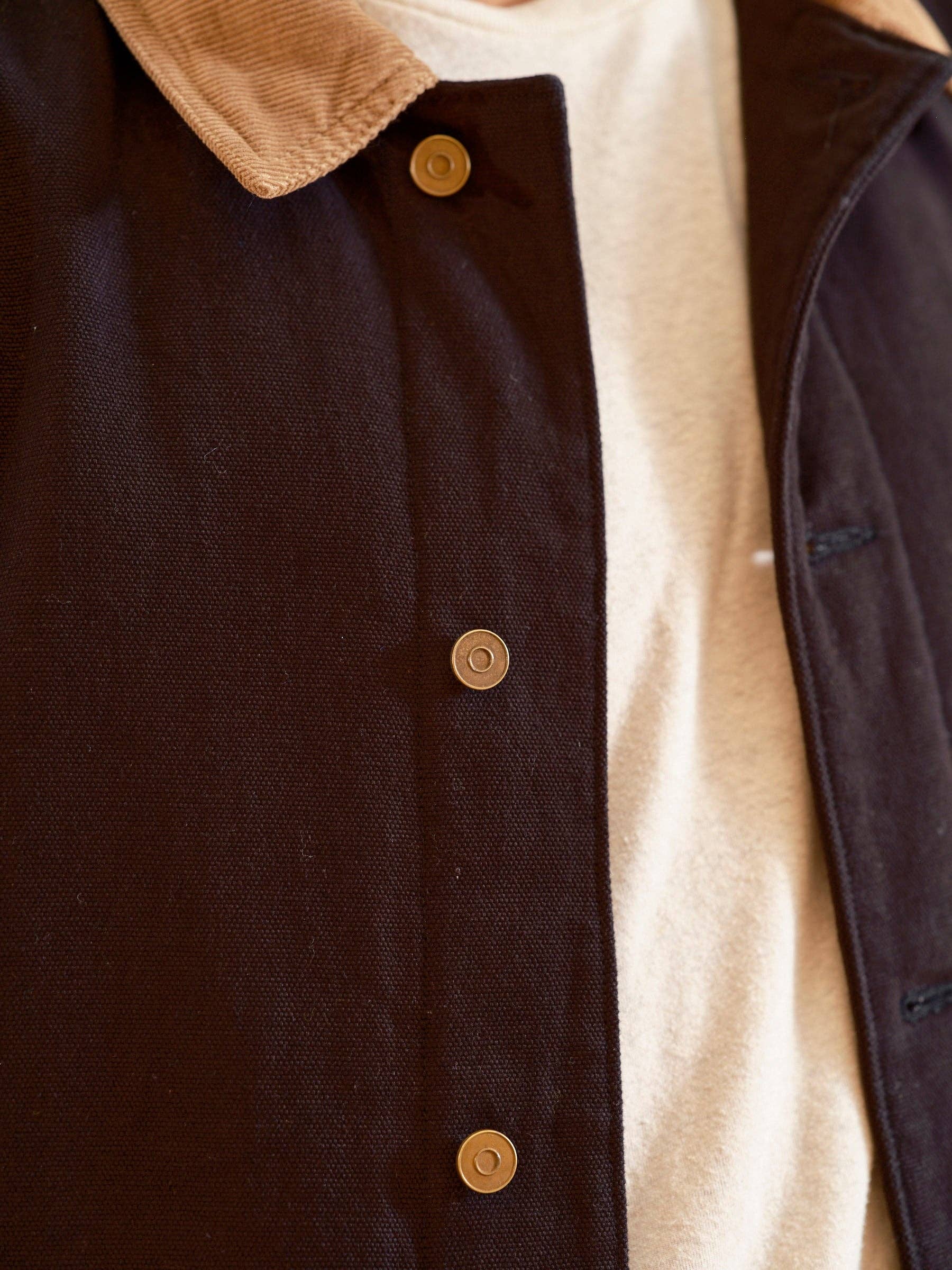 Close-up of a dark jacket with beige collar and buttons.