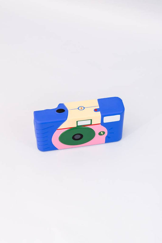 Colorful camera-shaped object on a white background